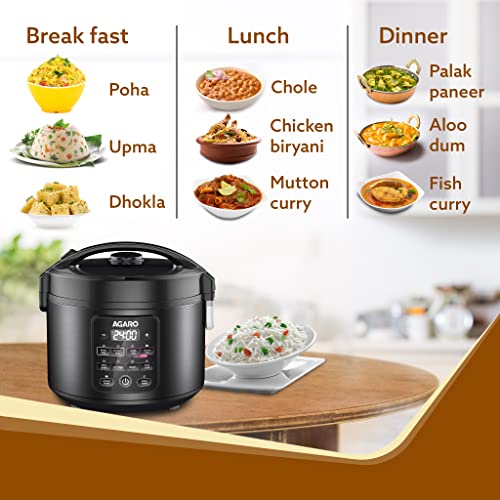 AGARO Regal Electric Rice Cooker, 3 Litres Ceramic Inner Bowl, 750gms (approx. 5 cups) raw rice, SS Steamer, Preset Cooking Functions, Preset Timer, Keep Warm Function, LED Display, Black - Image 4