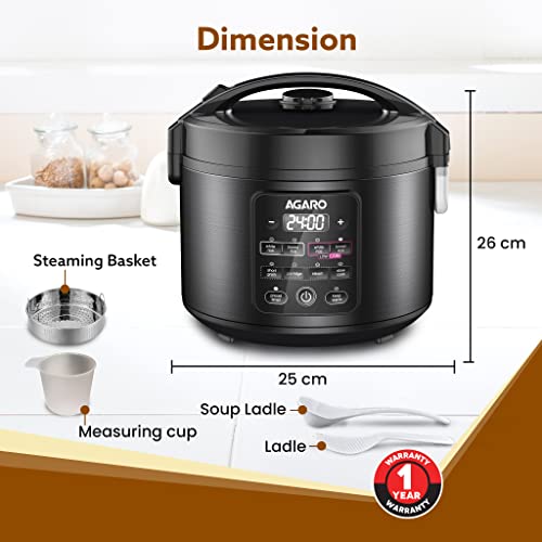 AGARO Regal Electric Rice Cooker, 3 Litres Ceramic Inner Bowl, 750gms (approx. 5 cups) raw rice, SS Steamer, Preset Cooking Functions, Preset Timer, Keep Warm Function, LED Display, Black - Image 5