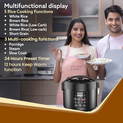 AGARO Regal Electric Rice Cooker, 3 Litres Ceramic Inner Bowl, 750gms (approx. 5 cups) raw rice, SS Steamer, Preset Cooking Functions, Preset Timer, Keep Warm Function, LED Display, Black - Image 3