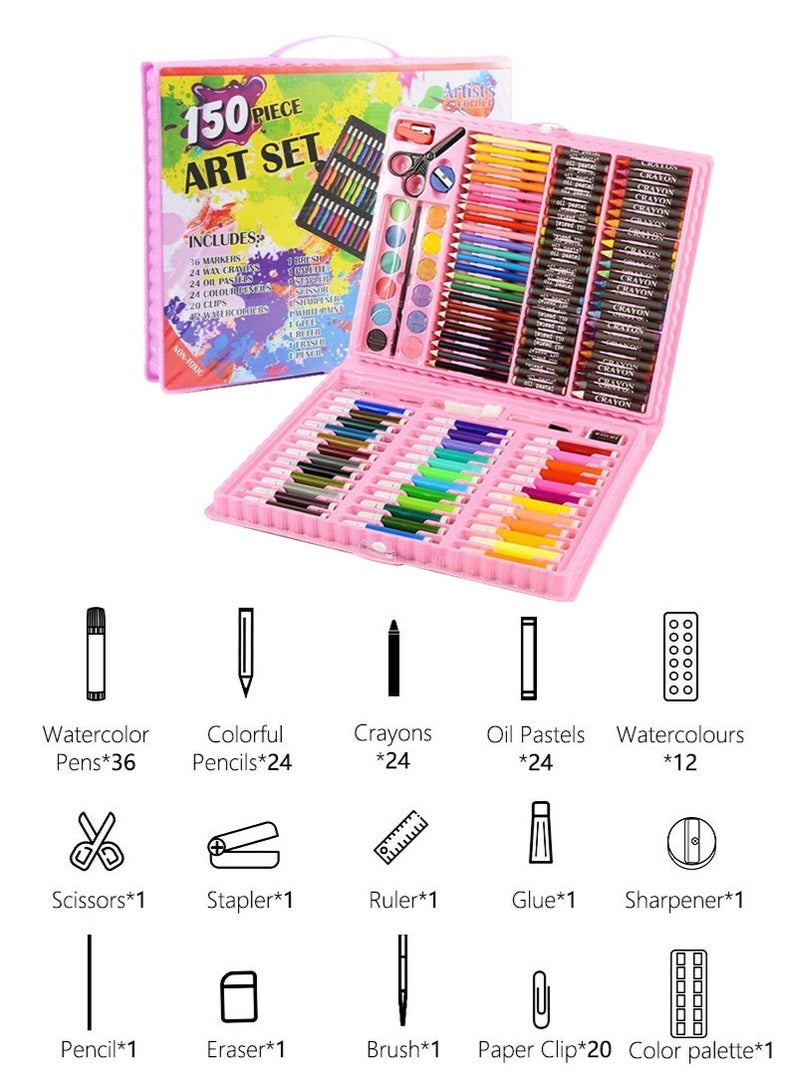 CAYGA 150 Art Supplies, Deluxe Colouring Art Set,Easy to Carry, Non Toxic, Great Gift for Kids, Ideal Gift for Beginners and Kids Aged 3+ Pink - Image 1