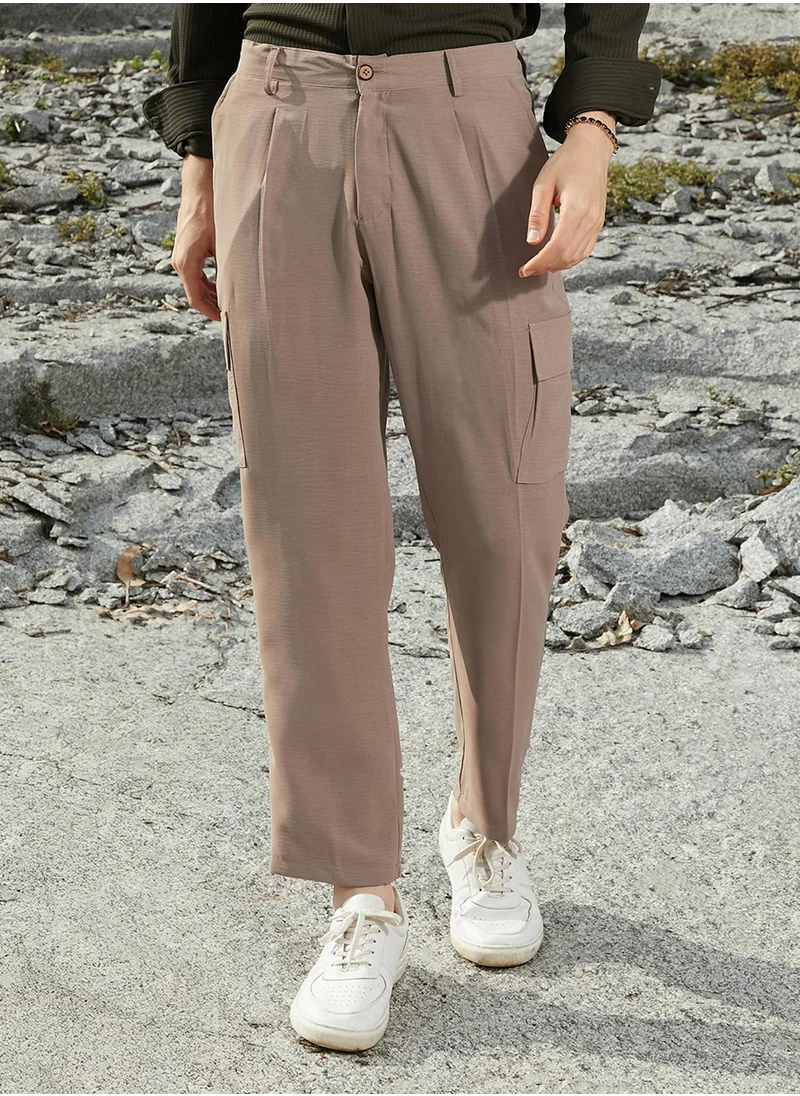 Campus Sutra Men's Khaki Beige Crinkled Utility Trousers