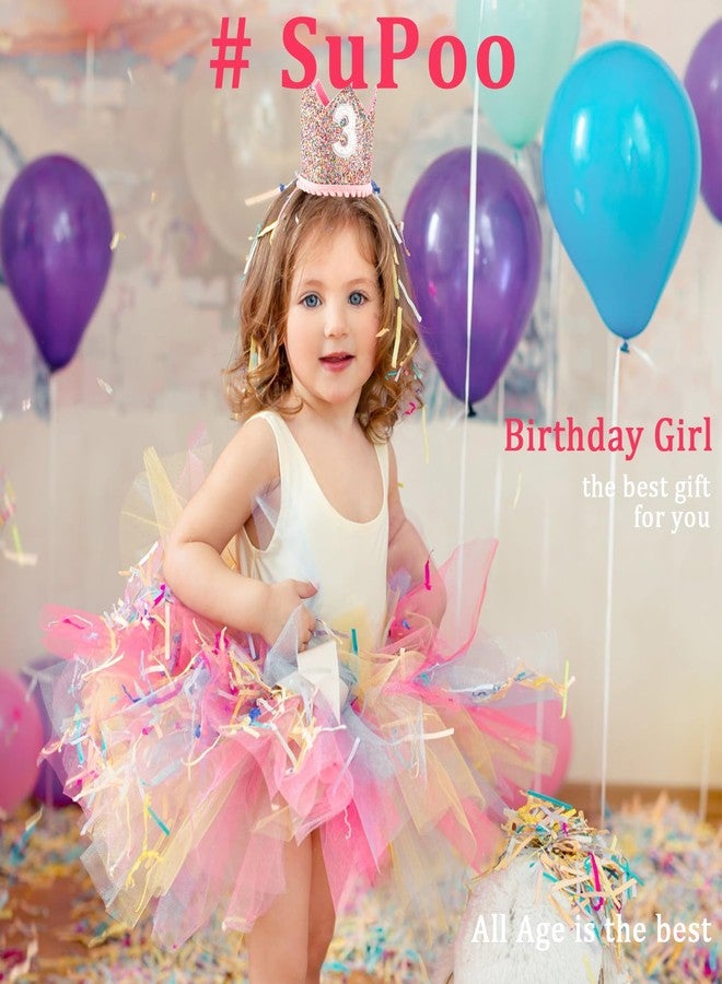 SuPoo Girl's 3rd Birthday Party Supplies - Glitter Crown Tiara with Elastic Band, Sprinkle Headband, Happy Birthday Cap for 3 Year Old Princess - Image 2