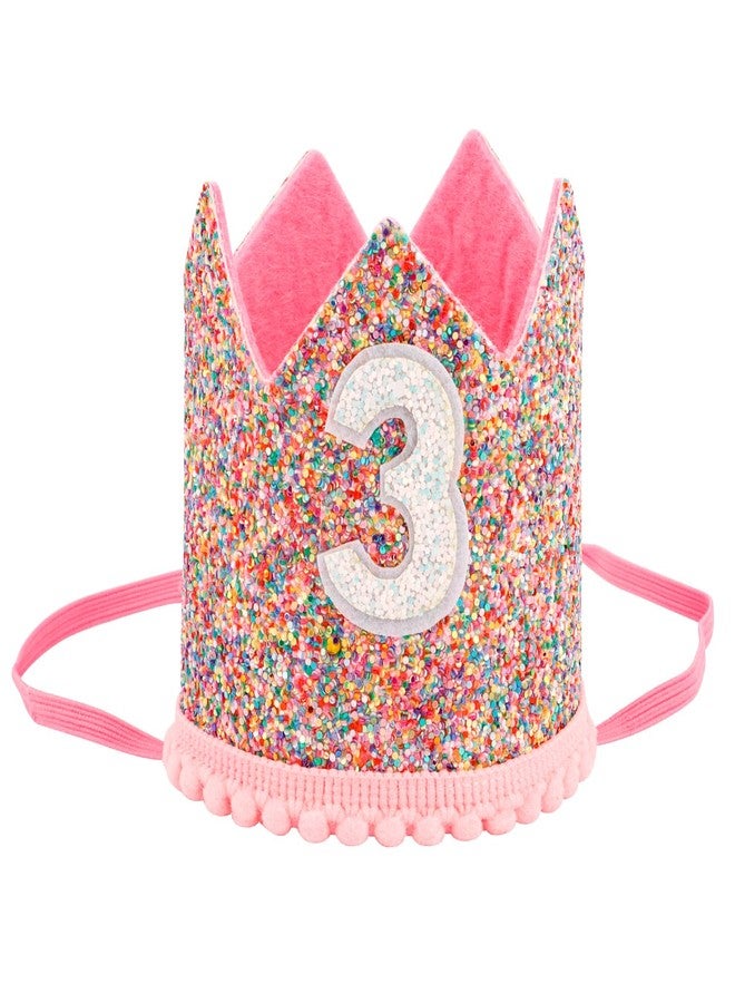 SuPoo Girl's 3rd Birthday Party Supplies - Glitter Crown Tiara with Elastic Band, Sprinkle Headband, Happy Birthday Cap for 3 Year Old Princess - Image 1