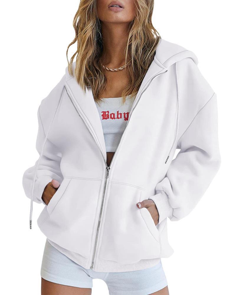 Womens Cute Hoodie Autumn Casual Zip-up Sweatshirt White