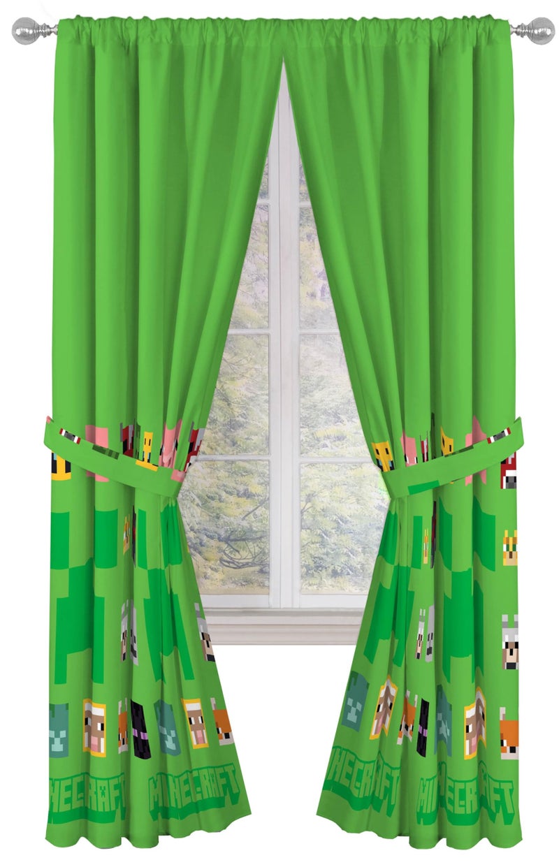 Sunny Side Up Window Curtains for Kids Bedroom 4Piece Drape Set with 2 Tiebacks Green Minecraft 42 W x 84 L Pack of 2 - Image 2