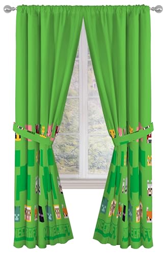 Sunny Side Up Window Curtains for Kids Bedroom 4Piece Drape Set with 2 Tiebacks Green Minecraft 42 W x 84 L Pack of 2 - Image 1