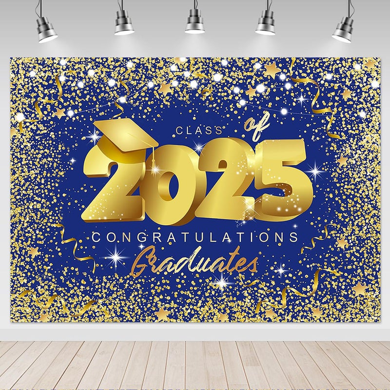 Mocsicka Class of 2025 Backdrop 8x6ft Graduation Royal Blue and Gold Congrats Grad Party Photo Backdrops Graduate Party Decorations Photography Studio Background