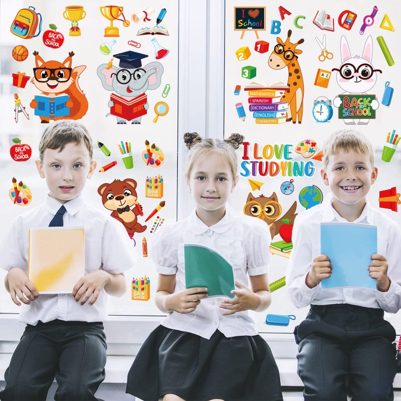 Whaline وايلين 9 أوراق ملصقات نوافذ العودة إلى المدرسة حيوانات لطيفة ملصقات نافذة فيل بومة أرنب أحب الدراسة ملصقات نوافذ ليوم المدرسة الأول زينة جدران الفصل الزجاجية السبورة - Image 2