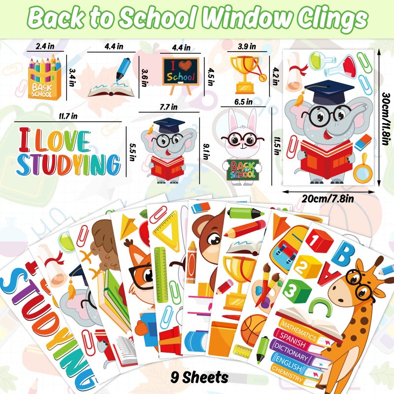 Whaline وايلين 9 أوراق ملصقات نوافذ العودة إلى المدرسة حيوانات لطيفة ملصقات نافذة فيل بومة أرنب أحب الدراسة ملصقات نوافذ ليوم المدرسة الأول زينة جدران الفصل الزجاجية السبورة - Image 5