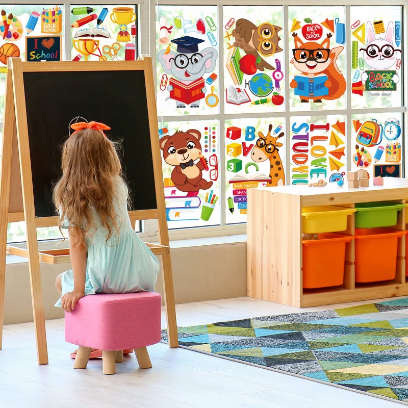Whaline وايلين 9 أوراق ملصقات نوافذ العودة إلى المدرسة حيوانات لطيفة ملصقات نافذة فيل بومة أرنب أحب الدراسة ملصقات نوافذ ليوم المدرسة الأول زينة جدران الفصل الزجاجية السبورة - Image 3