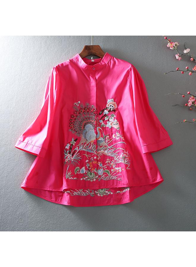 Original Design Sense Fashion Women's Clothing Foreign Elegant Loose Version A All-match Shirt Heavy Industry Embroidered Half Sleeve Shirt Spring And Summer