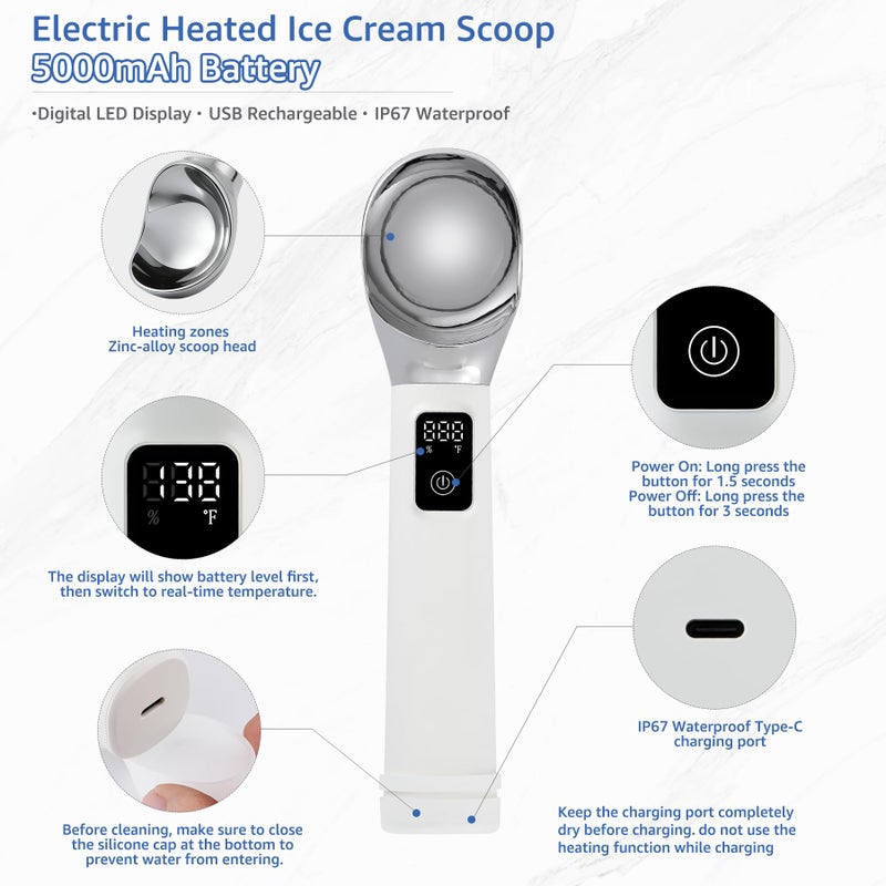 FrostJoy Electric Heated Ice Cream Scoop, Kitchen Gadget with Digital LED Temperature Display for Easy Scooping Rechargeable Scooper Dessert Server 5000mAh USB Powered IP67 Waterproof Kitchen Tool 2 Oz Max158â„‰ - Image 3