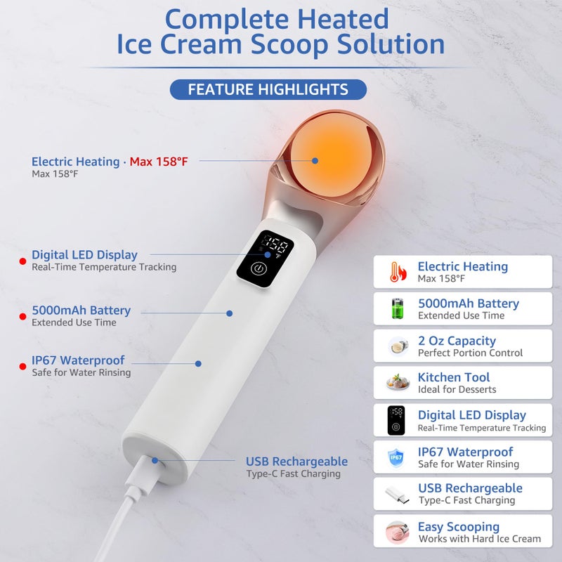 FrostJoy Electric Heated Ice Cream Scoop, Kitchen Gadget with Digital LED Temperature Display for Easy Scooping Rechargeable Scooper Dessert Server 5000mAh USB Powered IP67 Waterproof Kitchen Tool 2 Oz Max158â„‰ - Image 5