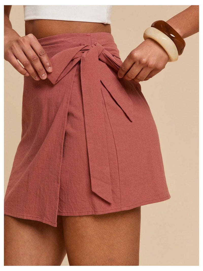 MakeMeChic Women's Summer Boho Wrap Mini Skirt Beach Vacation Short Skirts Rust Brown X-Small - Image 2
