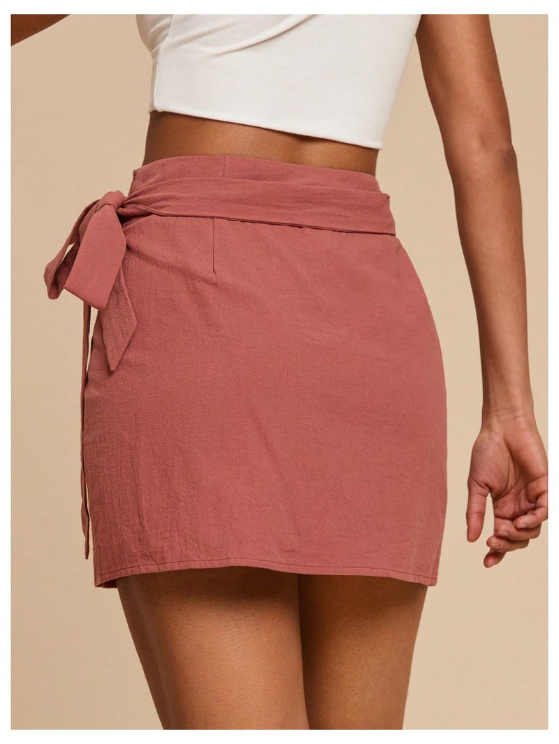MakeMeChic Women's Summer Boho Wrap Mini Skirt Beach Vacation Short Skirts Rust Brown X-Small - Image 3
