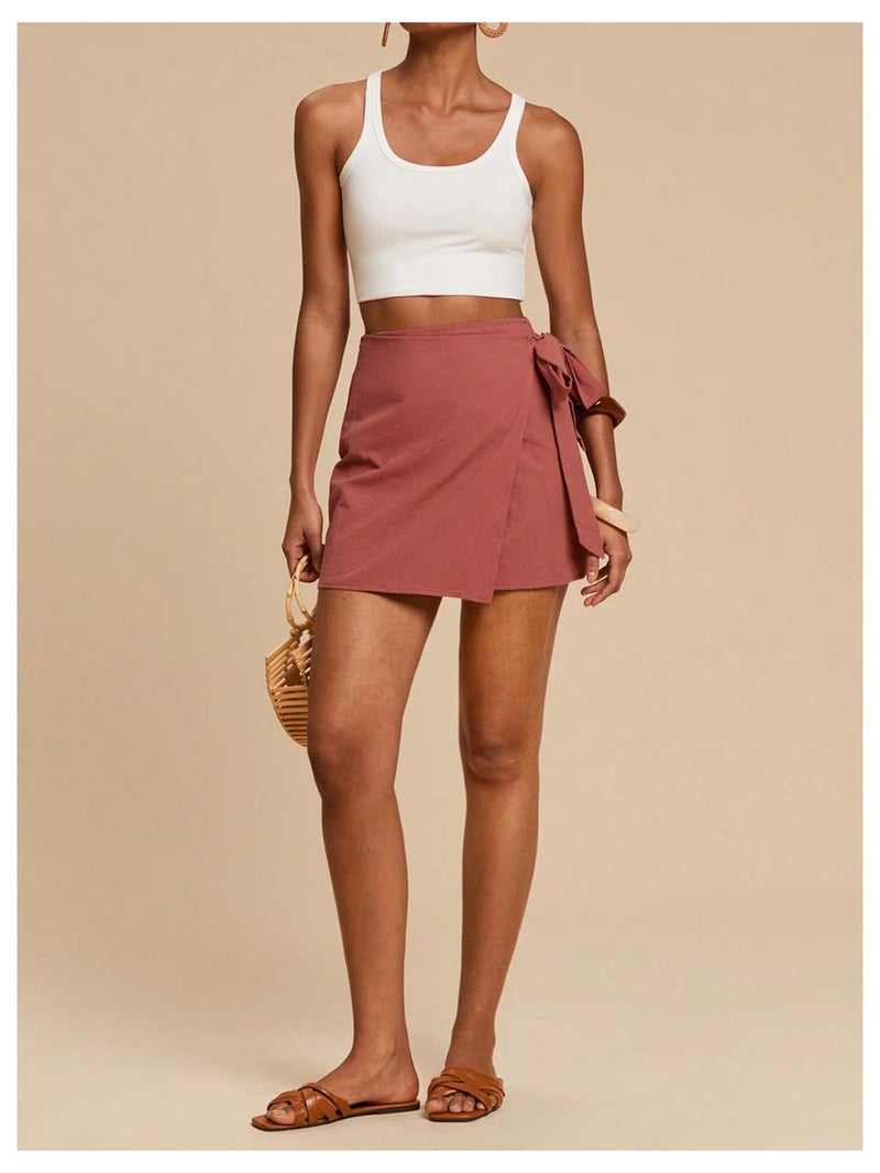 MakeMeChic Women's Summer Boho Wrap Mini Skirt Beach Vacation Short Skirts Rust Brown X-Small - Image 5