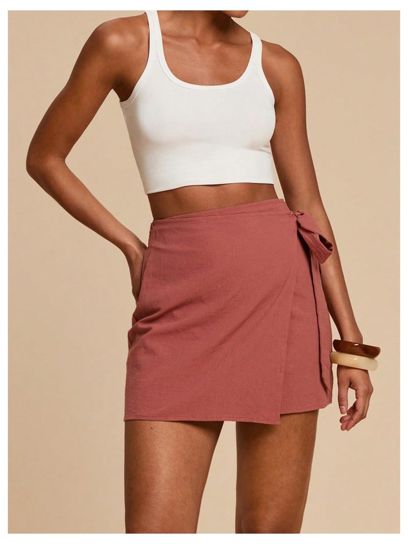 MakeMeChic Women's Summer Boho Wrap Mini Skirt Beach Vacation Short Skirts Rust Brown X-Small - Image 4