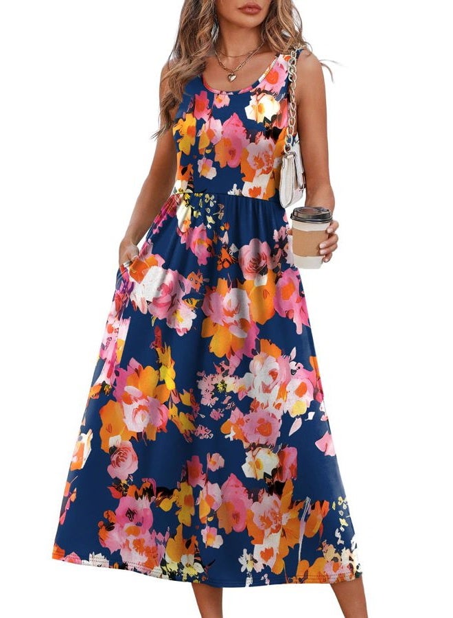 WIHOLL فستان ماكسي صيفي بدون أكمام للنساء، فستان طويل فضفاض مع جيوب، ملابس عطلة شاطئية، أزرق وردي مزهر، XXL - Image 1