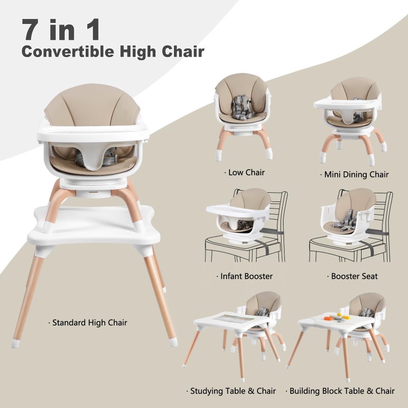 Komcot Baby High Chair, 7 in 1 Convertible High Chairs for Babies and Toddlers, Kids Learning Table, Building Block Table, Toddler Dining Chair with 360Â° Rotating Seat, 5-Point Safety Harness (Khaki) - Image 3