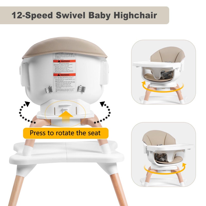 Komcot Baby High Chair, 7 in 1 Convertible High Chairs for Babies and Toddlers, Kids Learning Table, Building Block Table, Toddler Dining Chair with 360Â° Rotating Seat, 5-Point Safety Harness (Khaki) - Image 5