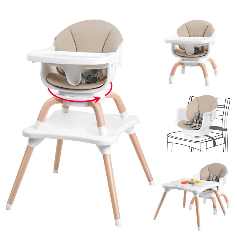 Komcot Baby High Chair, 7 in 1 Convertible High Chairs for Babies and Toddlers, Kids Learning Table, Building Block Table, Toddler Dining Chair with 360Â° Rotating Seat, 5-Point Safety Harness (Khaki) - Image 1