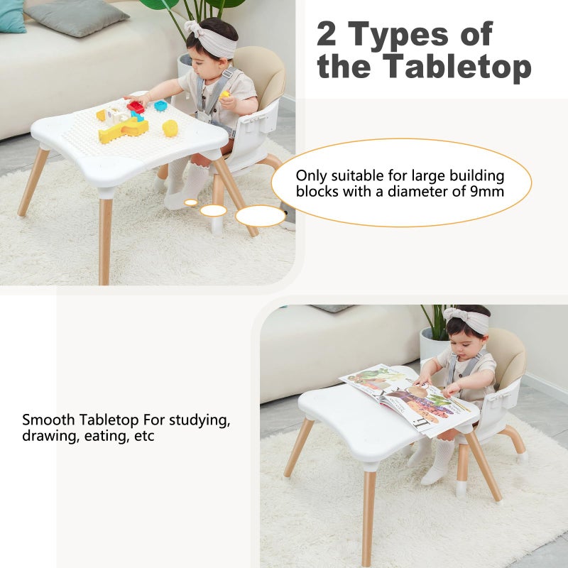 Komcot Baby High Chair, 7 in 1 Convertible High Chairs for Babies and Toddlers, Kids Learning Table, Building Block Table, Toddler Dining Chair with 360Â° Rotating Seat, 5-Point Safety Harness (Khaki) - Image 4
