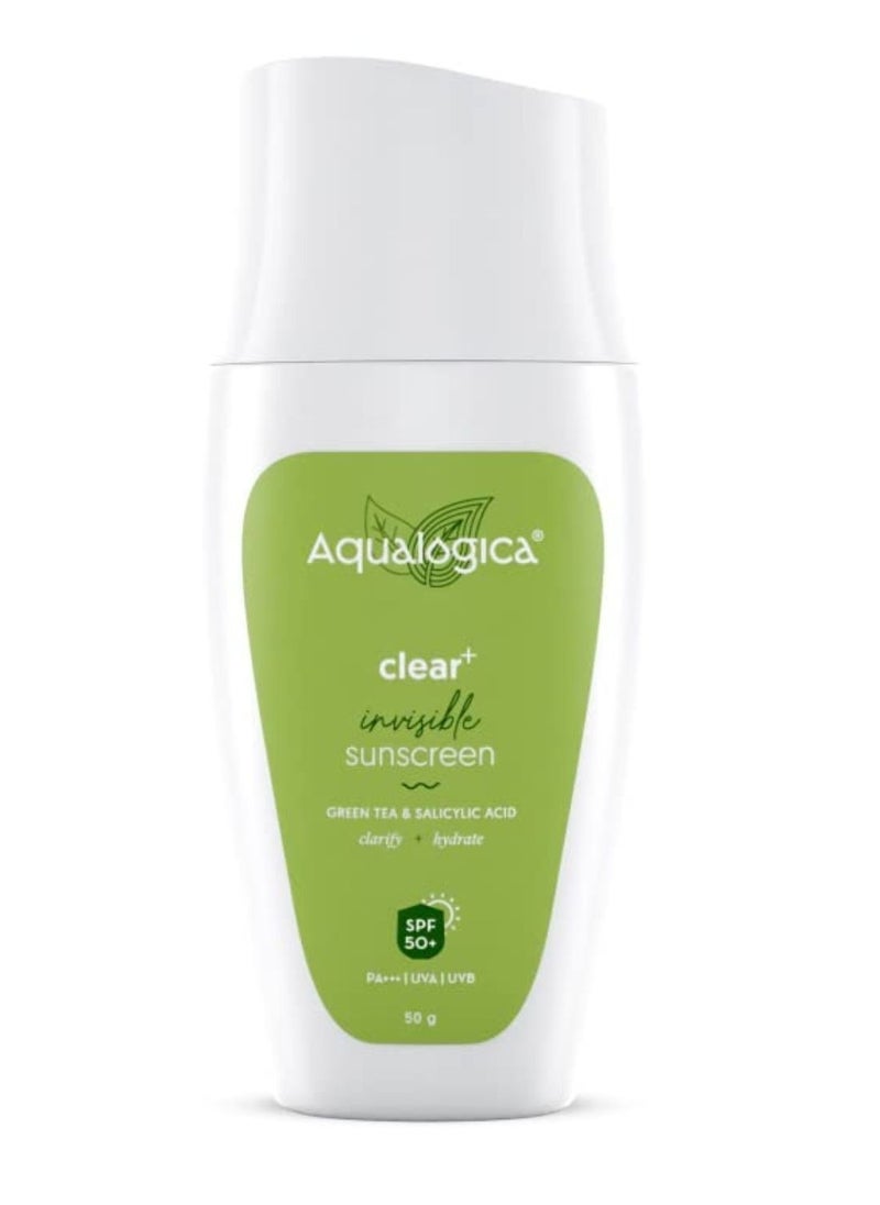 Aqualogica Clear+ Invisible Sunscreen with Green Tea & Salicylic Acid spf 50 PA+++ UVA UVB Clarifies & Hydrates Skin Sun Protection Cream 50 g  - Image 1