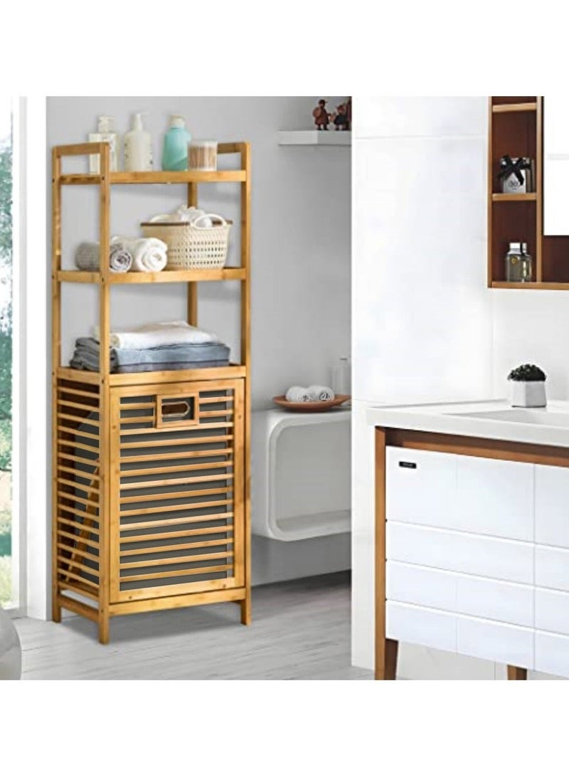 WALALLA Tilt-Out Hamper for Laundry 3-Tier Bamboo Pull-Out Laundry Hamper Floor Stand Bathroom Storage Shelf Cabinet, Clothes Organizer Laundry Basket Shelf for Dirty Clothes, Natural - Image 2
