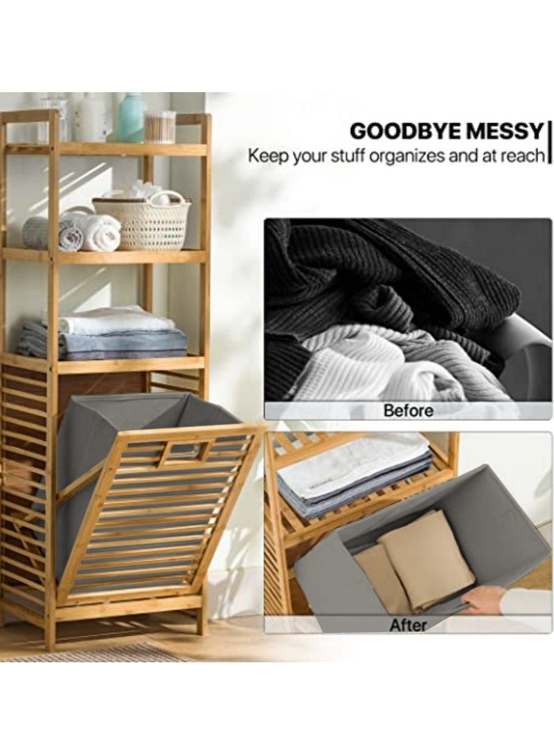 WALALLA Tilt-Out Hamper for Laundry 3-Tier Bamboo Pull-Out Laundry Hamper Floor Stand Bathroom Storage Shelf Cabinet, Clothes Organizer Laundry Basket Shelf for Dirty Clothes, Natural - Image 5