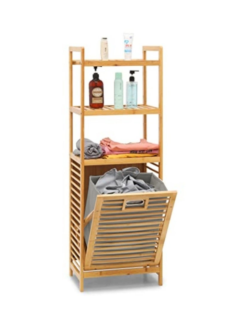 WALALLA Tilt-Out Hamper for Laundry 3-Tier Bamboo Pull-Out Laundry Hamper Floor Stand Bathroom Storage Shelf Cabinet, Clothes Organizer Laundry Basket Shelf for Dirty Clothes, Natural - Image 1