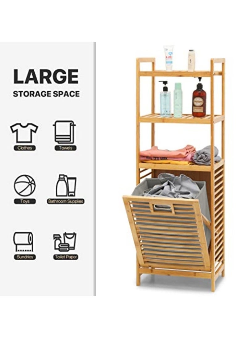 WALALLA Tilt-Out Hamper for Laundry 3-Tier Bamboo Pull-Out Laundry Hamper Floor Stand Bathroom Storage Shelf Cabinet, Clothes Organizer Laundry Basket Shelf for Dirty Clothes, Natural - Image 3