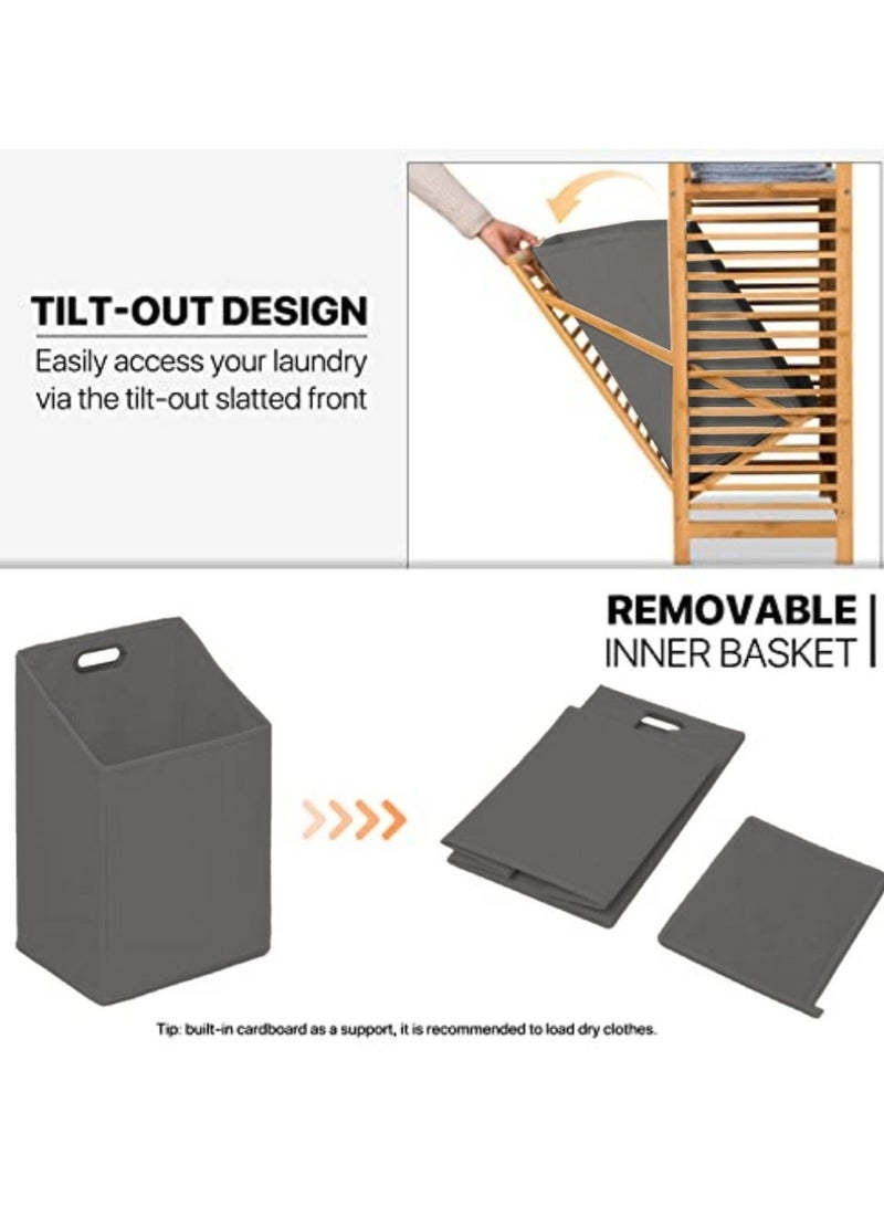 WALALLA Tilt-Out Hamper for Laundry 3-Tier Bamboo Pull-Out Laundry Hamper Floor Stand Bathroom Storage Shelf Cabinet, Clothes Organizer Laundry Basket Shelf for Dirty Clothes, Natural - Image 4