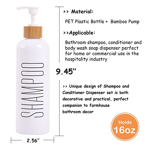 HOMCDALY Shampoo and Conditioner Dispenser, 16oz 3-Pack Refillable Shampoo and Conditioner Bottles, Empty Shampoo Bottles Refillable with Bamboo Pump, Bathroom Shower Shampoo Dispenser Set - Image 4