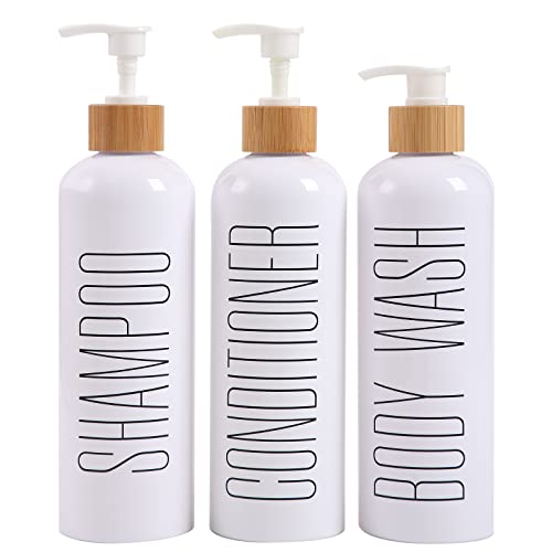 HOMCDALY Shampoo and Conditioner Dispenser, 16oz 3-Pack Refillable Shampoo and Conditioner Bottles, Empty Shampoo Bottles Refillable with Bamboo Pump, Bathroom Shower Shampoo Dispenser Set - Image 1