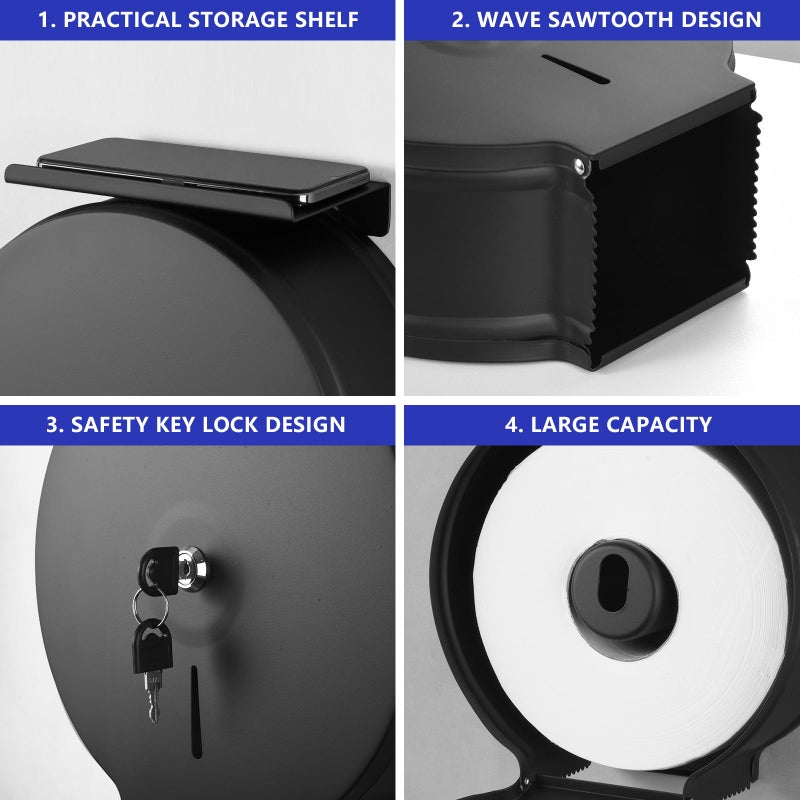 Gorlary Commercial Jumbo Toilet Paper Dispenser with Shelf, Wall Mount Stainless Steel Roll Holder, Matte Black Toilet Tissue Dispensers - Image 3
