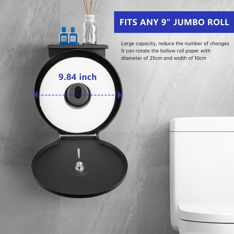 Gorlary Commercial Jumbo Toilet Paper Dispenser with Shelf, Wall Mount Stainless Steel Roll Holder, Matte Black Toilet Tissue Dispensers - Image 2