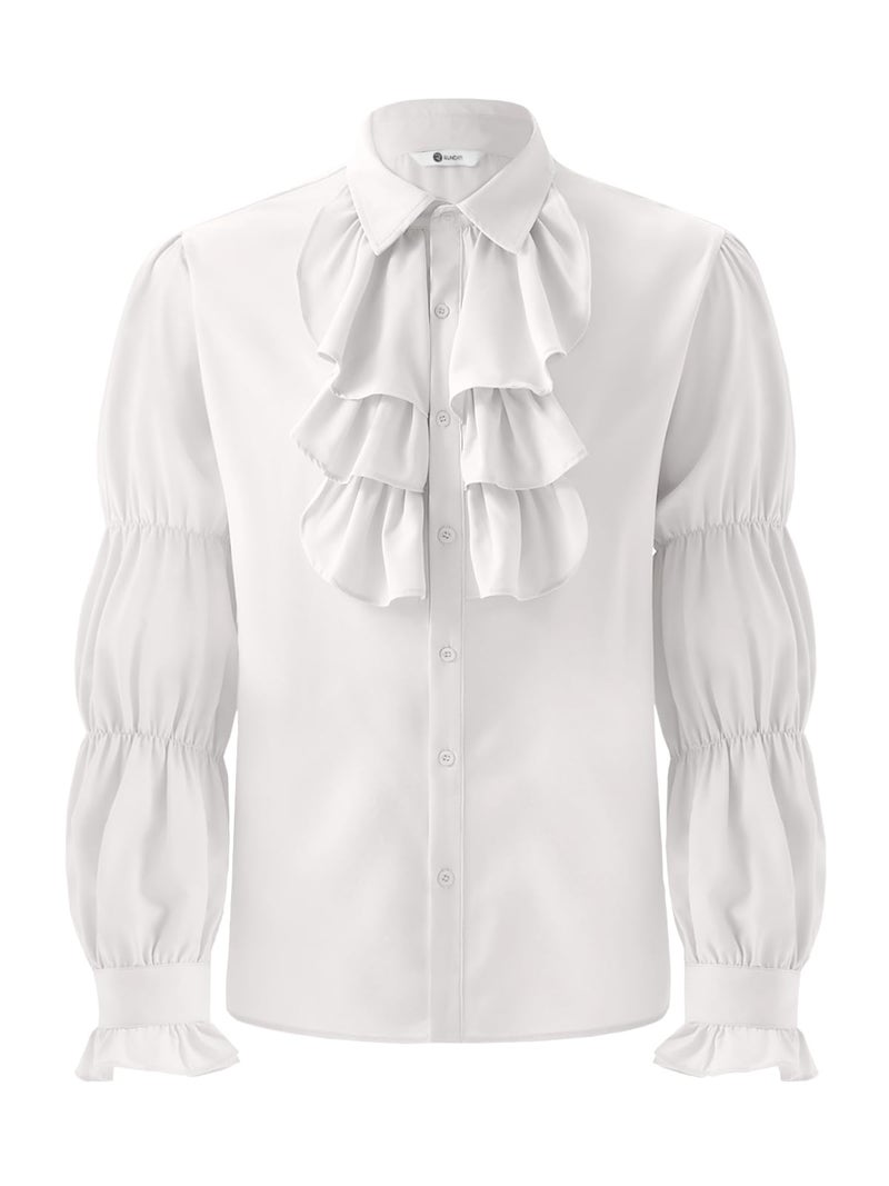 Runcati Mens Pirate Shirt Ruffle Victorian Renaissance Vampire Poet Puffy Shirts Gothic Steampunk Medieval Costume White - Image 1