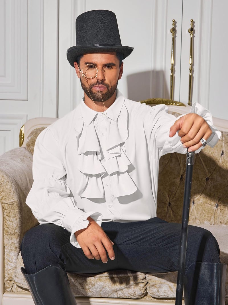Runcati Mens Pirate Shirt Ruffle Victorian Renaissance Vampire Poet Puffy Shirts Gothic Steampunk Medieval Costume White - Image 4