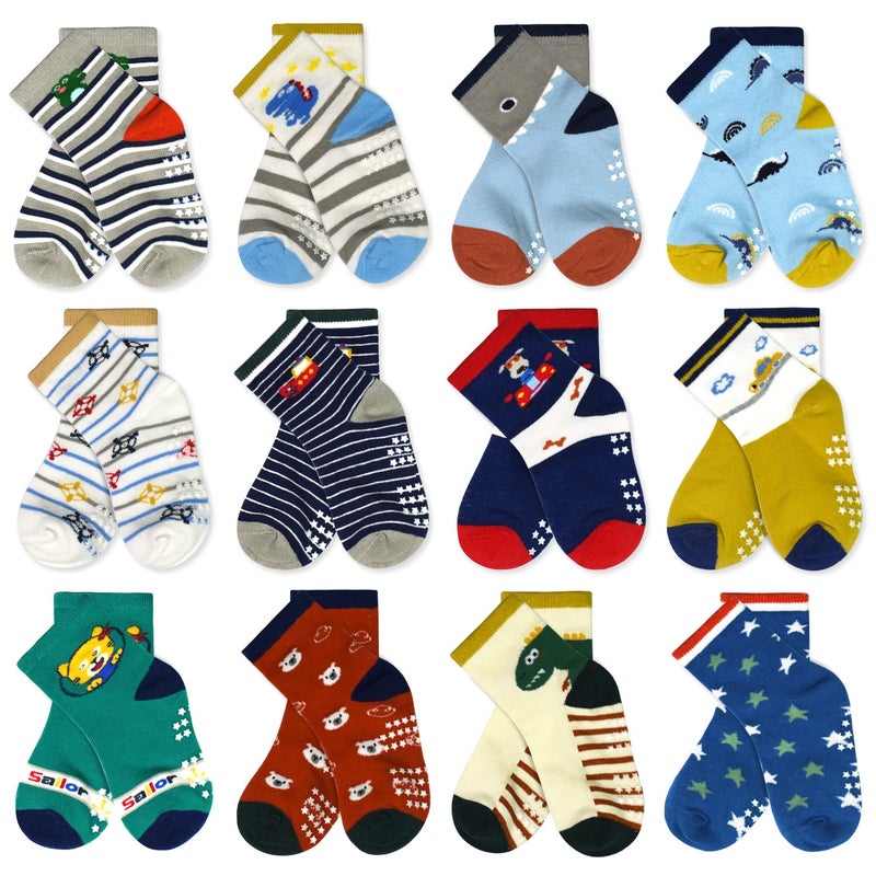 Tphon Non Slip Kids Toddler Socks with Grippers Baby 12 Pairs Anti Skid Socks for Boys Girls for 6-12 Months Children - Image 1