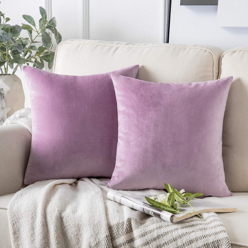 حزمة فانتوسكوب من 2 غطاء وسادة زخرفية من المخمل ناعم مربع للكنبة لون بنفسجي فاتح 18 x 18 بوصة 45 x 45 سم