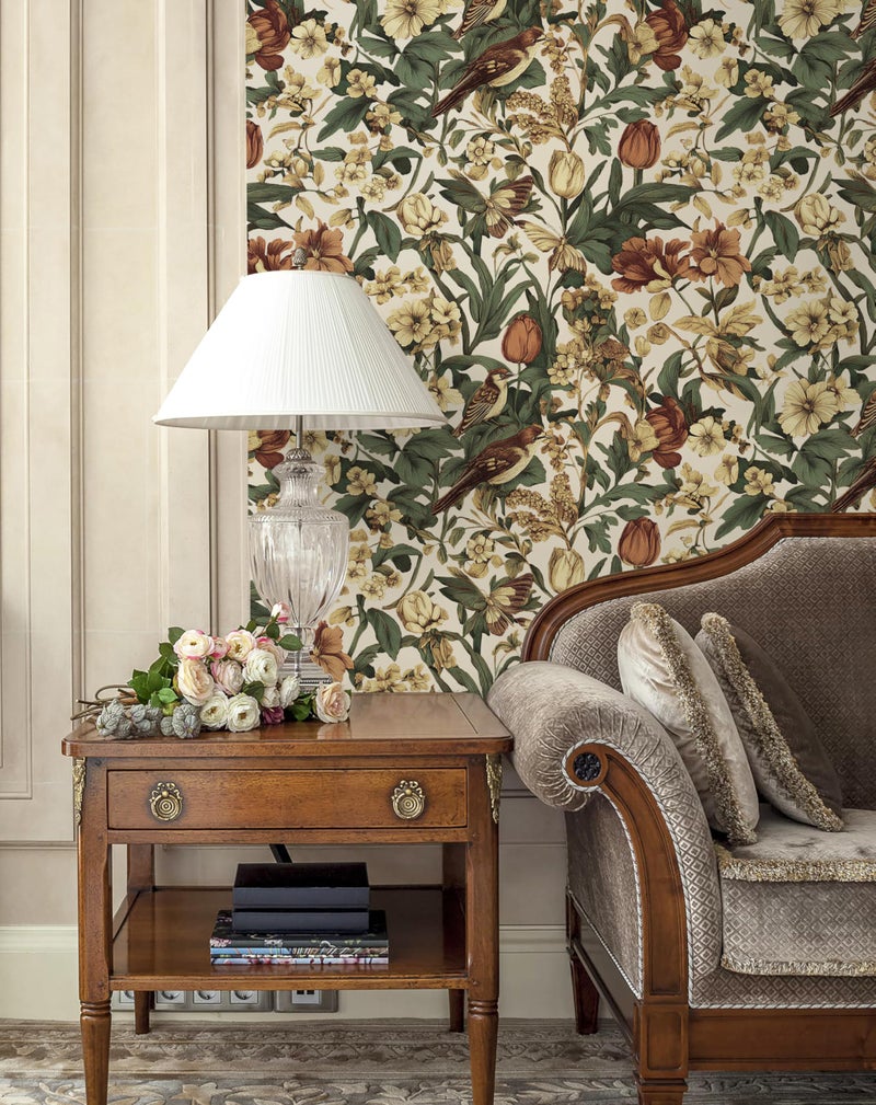 Erfoni 17.3" x118" Floral Birds Wallpaper Vintage Floral Peel and Stick Wallpaper Decoration DIY Self Adhesive Contact Paper Removable Wall Paper for Bedroom Cabinets Covering Boho Flower Leaf Beige - Image 2