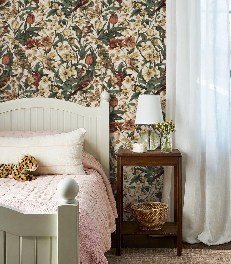 Erfoni 17.3" x118" Floral Birds Wallpaper Vintage Floral Peel and Stick Wallpaper Decoration DIY Self Adhesive Contact Paper Removable Wall Paper for Bedroom Cabinets Covering Boho Flower Leaf Beige - Image 3