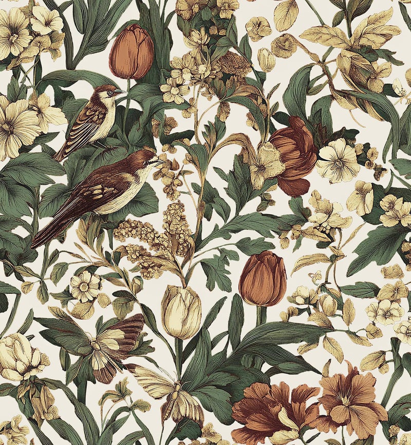 Erfoni 17.3" x118" Floral Birds Wallpaper Vintage Floral Peel and Stick Wallpaper Decoration DIY Self Adhesive Contact Paper Removable Wall Paper for Bedroom Cabinets Covering Boho Flower Leaf Beige - Image 1