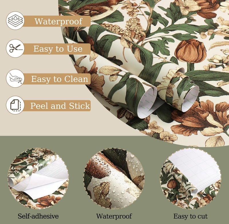 Erfoni 17.3" x118" Floral Birds Wallpaper Vintage Floral Peel and Stick Wallpaper Decoration DIY Self Adhesive Contact Paper Removable Wall Paper for Bedroom Cabinets Covering Boho Flower Leaf Beige - Image 5