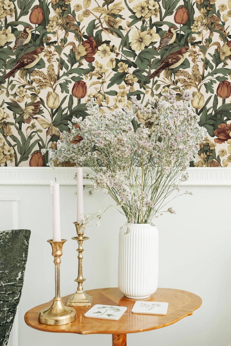 Erfoni 17.3" x118" Floral Birds Wallpaper Vintage Floral Peel and Stick Wallpaper Decoration DIY Self Adhesive Contact Paper Removable Wall Paper for Bedroom Cabinets Covering Boho Flower Leaf Beige - Image 4