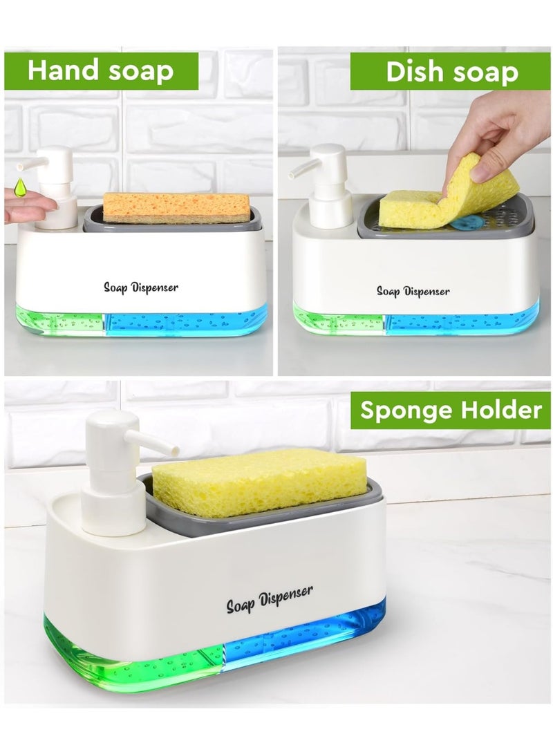 Kitchen Hand and Dish Soap Dispenser Set, Double with Sponge Holder, 3 in 1 Soap Pump Dispenser for Kitchen Sink, Useful Kitchen Tools - White - Image 2
