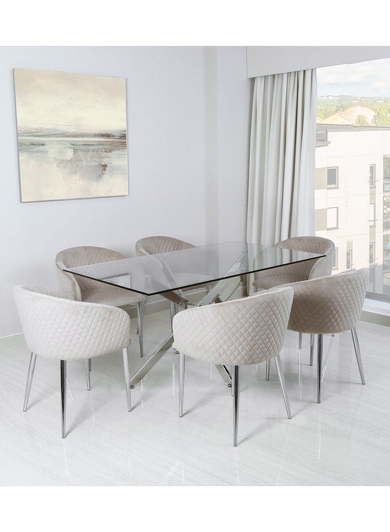 VANITY LIVING Dining Table Set 6 Seater – Davos Chrome Large Tempered Glass Dining Table with 6 Andrea Taupe Upholstered Chairs, Modern Dining Room Furniture - Image 1