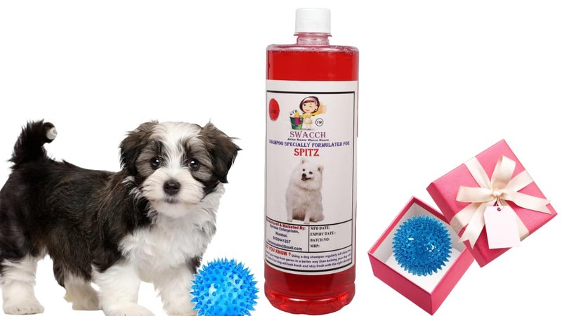 swacch Shampoo | Puppy Safe Shampoo | PH Balanced | Ditch to Itch for Spitz Dog Shampoo 1 Litre (Strawberry) + Spike Ball Chew Toy Combo Pack - Image 1