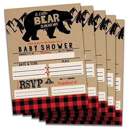 Fill in Baby Shower Invitations Bear Buffalo Plaid Theme