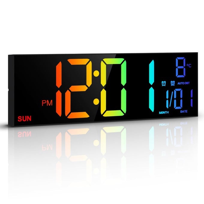 LARGE DIGITAL WALL CLOCK 16.2 INCH DISPLAY, WITH RGB COLOR,TEMPERATURE,REMOTE CONTROL,4 LEVEL BRIGHTNESS DIMMER,NIGHT LIGHT,2 ALARM,12/24H,DST PERFECT FOR HOME/OFFICE/GARAGE/GYM/SCHOOL